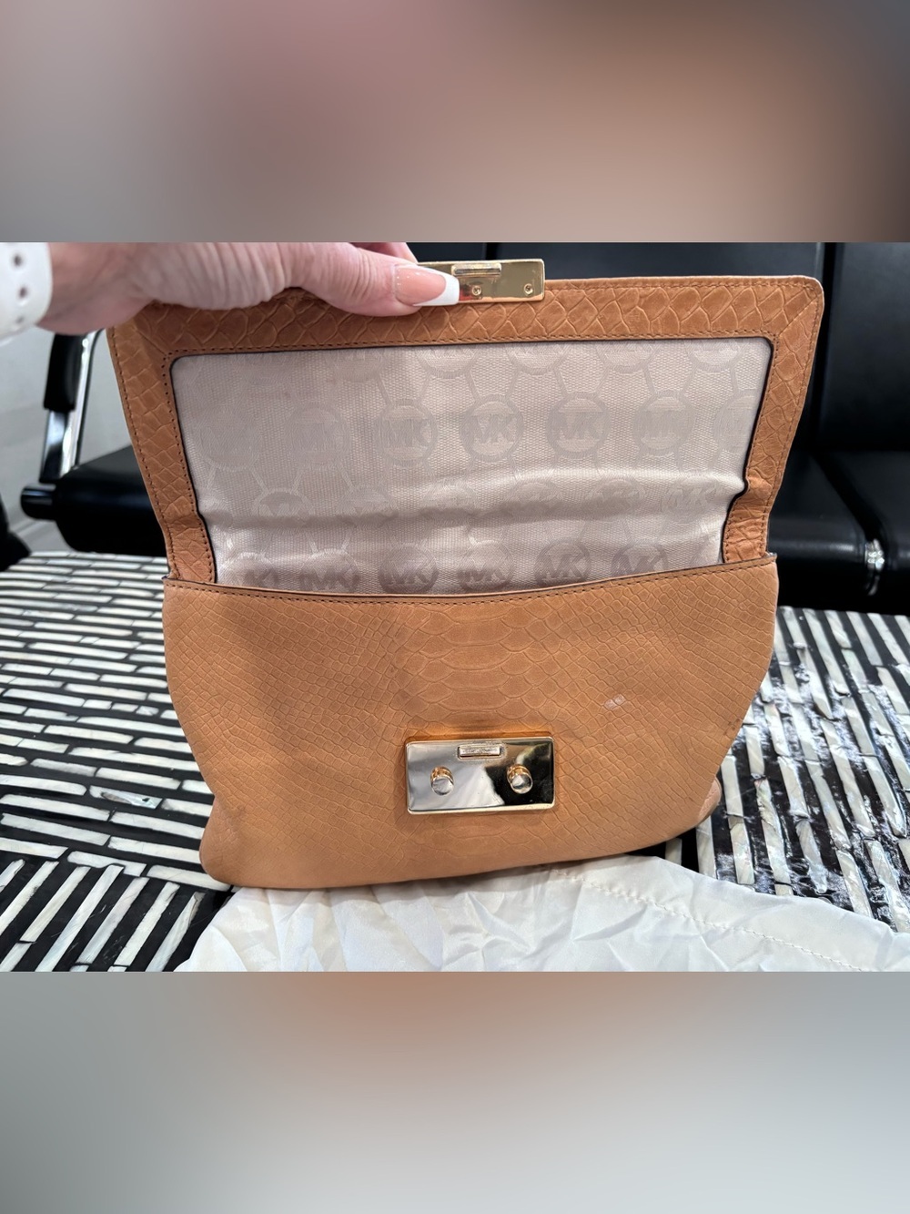 Authentic Michael Kors Cognac Textured Leather Shoulder Bag with Gold Chain - Picture 9 of 12